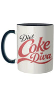 A grey-white ceramic coffee mug with a black handle and interior, featuring the text 'Diet Coke Diva' printed on the side in red and black script.