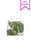A small green leaf patterned splash proof pouch with a zip closure.