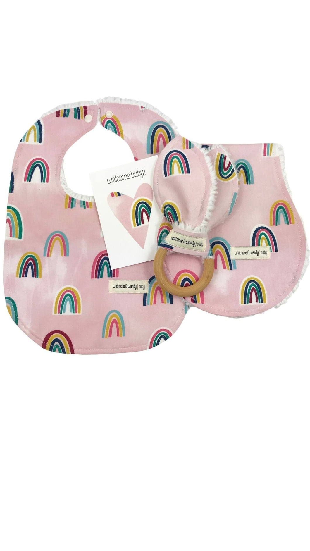 Pink Rainbow Bib, Burp Cloth, and Teether Set