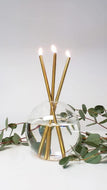An elegant steel oil candle with gold-colored sticks standing upright in a clear glass vase, surrounded by green foliage.